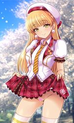 blonde_hair blurry blurry_background censored earrings female fukiko_(oreteki18kin) green_eyes hat heart heart_censor highres idolmaster idolmaster_cinderella_girls jewelry jougasaki_rika long_hair long_sleeves looking_at_viewer necktie no_panties petals pubic_hair puffy_sleeves skindentation skirt skirt_lift smile solo thighhighs tree