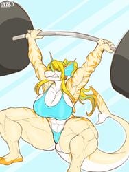 abs animal_ears anthro armpits barefoot blonde_hair blue_eyes breasts busty cleavage female furry large_breasts muscles muscular muscular_female nasusbot navel ponytail shark sharp_teeth solo tail thick_thighs weightlifting weights