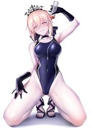 armpits artoria_pendragon artoria_pendragon_(alter) artoria_pendragon_(swimsuit_rider_alter) bare_legs black_gloves black_nails blonde_hair blue_ribbon blush bodysuit bottle breasts choker commentary_request competition_swimsuit covered_navel eyebrows_visible_through_hair fate/grand_order fate_(series) female_only full_body gloves gluteal_fold hair_between_eyes hair_ribbon hand_up head_tilt high_heels highleg highleg_swimsuit highres holding kneeling looking_at_viewer lotion lubricant medium_breasts nail_polish one-piece_swimsuit open_mouth pale_skin pouring pouring_on_breasts pouring_on_self ribbon sandals shiny shiny_skin simple_background skin_tight smile solo source_request swimsuit tiara toenail_polish ulrich_(tagaragakuin) wet white_background white_hair yellow_eyes