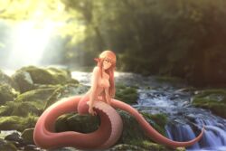 absurdres bare_shoulders blush breasts female hair_between_eyes hair_ornament hairclip highres huge_filesize lamia landscape long_hair looking_at_viewer miia_(monster_musume) monster monster_girl monster_musume_no_iru_nichijou moss nipples nude photo photo_background plant pointy_ears red_hair rock scales sitting sitting_on_object sitting_on_rock slit_pupils solo sunlight tail user_njuf2455 water waterfall yellow_eyes