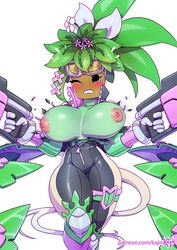 big_breasts blaster_master blaster_master_zero blaster_master_zero_2 blush bodysuit breasts cleavage flower green_skin guns kajinman kanna_(blaster_master) large_breasts latex leaves mob_face nipples plant plant_girl plantie ripped_clothing tears unzipped_bodysuit voluptuous watermelon_bra