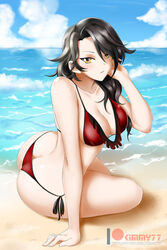 arm_support ass ass_cleavage beach bikini black_hair breasts butt_crack cinder_fall cleavage day female female_only hand_up kimmy77 large_breasts long_hair looking_at_viewer ocean outdoors red_bikini red_swimsuit rwby sand sea sitting solo swimsuit water yellow_eyes