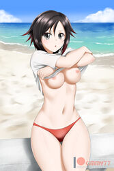 1girls beach bikini bikini_bottom black_hair breasts breasts_out female female_only grey_eyes kimmy77 looking_at_viewer medium_breasts outdoors ruby_rose rwby short_hair solo swimsuit