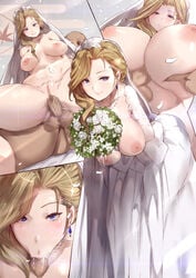 :>= agovitch areolae azur_lane blonde_hair blue_eyes bouquet breasts breasts_apart breasts_out bridal_veil bride censored closed_mouth dress earrings female flower groin highres hood_(azur_lane) husband_and_wife jewelry large_breasts leaning_forward legs long_hair looking_at_viewer married married_couple mosaic_censoring multiple_views nipples paizuri penis pussy sex smile spread_legs thighs vaginal_penetration veil wedding_dress