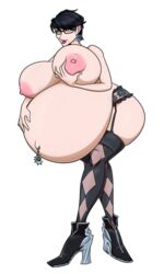 bayonetta bayonetta_(character) belly big_belly black_hair breasts female huge_belly nipples pregnant ready_to_pop riddleaugust solo