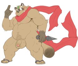 2015 anthro balls belly blush brown_fur canid canine clothing flaccid footwear fur hi_res humanoid_hands humanoid_penis leaf male male_only mammal moobs navel nipples overweight overweight_male penis raccoon_dog sandals scarf shiike999 simple_background solo tanuki white_background