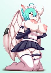 2019 absurd_res anthro areola big_areola big_breasts blush breasts clothed clothing dragon feathered_dragon feathers female fur furred_dragon hair hat hi_res huge_breasts kneeling legwear maid_uniform nipples open_mouth pussy ranshin red_eyes simple_background solo tailband tailzkim uniform wings