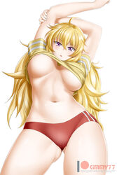 :o arms_up bare_legs blonde_hair breasts buruma female female_only from_below kimmy77 large_breasts legs long_hair looking_at_viewer midriff navel open_mouth purple_eyes red_buruma rwby shirt_lift short_sleeves solo standing underboob white_background yang_xiao_long