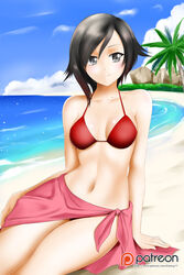 beach bikini black_hair breasts female female_only grey_eyes kimmy77 looking_at_viewer medium_breasts outdoors ruby_rose rwby sarong short_hair solo swimsuit