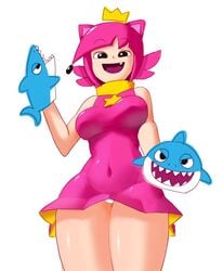 1girls baby_shark busty daddy_shark dress female hand_puppet humanized minus8 pantyshot pink_dress pink_hair pinkfong pinkfong_(character) rule_63 shark solo_female solo_focus thick_thighs white_panties