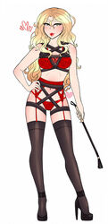 blonde_hair blush bra dominatrix eyebrows_visible_through_hair female female female_only garter_belt heart high_heels koyakyuun lingerie looking_at_viewer navel panties red_lipstick riding_crop thighhighs