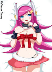 1girls absurdres black_panties blue_eyes blush bow female fur_trim hair_ornament hairclip headgear highres human humanized kirby_(series) kirby_planet_robobot kirby_star_allies long_hair looking_at_viewer lying miniskirt neck_ring nintendo on_back open_mouth panties patdarux pink_hair ribbon skirt smile solo susanna_patrya_haltmann susie_(kirby) thigh_gap topless underwear wrist_cuffs