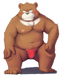 2012 anthro belly blush brown_fur bulge clothing cum erection fundoshi fur hi_res humanoid_hands japanese_clothing male male_only mammal moobs navel nipples overweight overweight_male shiike999 simple_background solo sweat teeth underwear ursid white_background