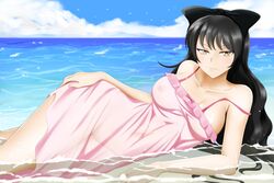 areola_slip areolae bare_shoulders beach black_bow black_hair blake_belladonna bow breasts closed_mouth cloud collarbone dress female female_only hairbow hand_on_own_leg hand_on_own_thigh kimmy77 large_breasts long_hair looking_at_viewer lying nipples ocean off_shoulder on_side outdoors pink_dress rwby sea see-through sky smile solo strap_slip water wet wet_clothes wet_dress wet_hair yellow_eyes