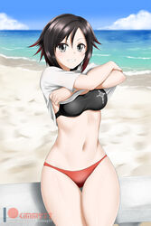 beach bikini black_hair breasts female female_only grey_eyes kimmy77 looking_at_viewer medium_breasts outdoors ruby_rose rwby short_hair solo swimsuit undressing