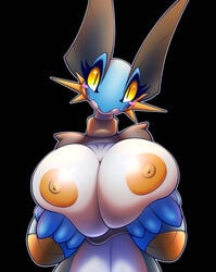 2018 amphibian anthro aquatic big_breasts black_background breast_hold breasts female female_focus female_only game_freak huge_breasts large_breasts nintendo nipples pokémon_(species) pokemon r-mk solo swampert