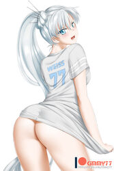 1girls ass blue_eyes bottomless breasts female female_only kimmy77 long_hair looking_at_viewer looking_back no_panties no_pants rwby shirt side_ponytail silver_hair small_breasts solo standing t-shirt thighs weiss_schnee white_background