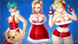 3girls android_18 bad_launch blonde_hair blue_eyes bulma_briefs cameltoe christmas christmas_dress christmas_outfit christmas_shorts cleavage curvy dragon_ball dragon_ball_z erect_nipples female fingerless_gloves hoop_earrings huge_areolae huge_ass huge_breasts launch middle_finger mightycock milf multiple_girls puffy_nipples ribbon short_hair shortshorts thick_lips voluptuous wide_hips x-mas