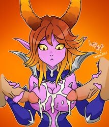 1girls 2boys :< alternate_costume alternate_hairstyle big_breasts big_penis cum cum_on_breasts demonette_maeve female handjob horn horns lm-skye maeve_(paladins) male multiple_boys orange_hair paladins penis purple_skin red_eyes yellow_sclera