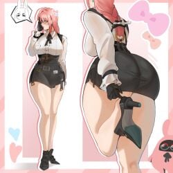 1girls 2girls absurdres adjusting_footwear animal_ears ass black_shoes black_skirt bow commentary dress_shirt english_commentary fox_ears fox_girl full_body glasses heart high-waist_skirt high_heels highres hoshimi_miyabi multiple_girls orange_bow pencil_skirt pink_bow pink_eyes pink_hair shirt shoes skirt speech_bubble thighs tsukishiro_yanagi wktfrv47n zenless_zone_zero