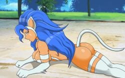 ass big_breasts blue_eyes blue_hair bubble_butt cat_ears cat_girl cat_tail catgirl darkstalkers dlobo777 felicia_(darkstalkers) large_breasts no_clothes no_clothing on_ground on_stomach sexy