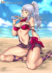 2018 beach carmilla_(fate) color curls fate/grand_order fate_(series) gumroad_reward hair_accessory high_resolution highres navel paid_reward patreon_username ponytail redjet sharp_nails silver_hair yellow_eyes