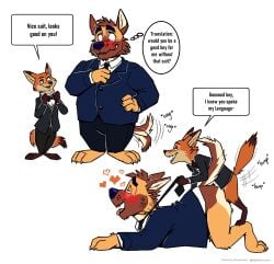 anal anal_sex anthro ass_up blush bottomless bottomless_anthro bottomless_male bottomwear bow_tie canid canine clothed clothing dialogue digital_media_(artwork) disney domestic_dog duo english_text feet fingers fox from_behind_position fur gay gay_male german_shepherd half-closed_eyes hi_res holding_necktie holding_object larger_penetrated looking_pleasured male male/male male_penetrated male_penetrating male_penetrating_male mammal narrowed_eyes necktie nick_wilde nikraccoom nude open_mouth overweight overweight_anthro overweight_male pants penetration penile penile_penetration red_fox sex simple_background size_difference small_dom_big_sub smile speech_bubble standing suit tail tail_motion tailwag teeth text thought_bubble toes tongue tongue_out topwear true_fox yaoi zootopia