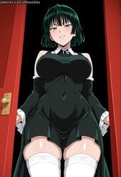 ai_generated anime artmochiia bangs big_breasts black_dress black_hair blush breasts covered_navel detached_sleeves dress fanart female frilled_sleeves frills fubuki fubuki_(one-punch_man) green_dress green_eyes green_hair large_breasts long_sleeves looking_at_viewer one-punch_man red_background short_hair smile solo thighhighs thighs voluptuous voluptuous_female white_legwear wide_hips