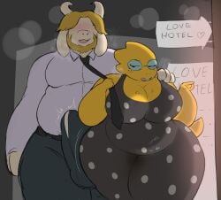 1boy 1girls alphys anthro asgore_dreemurr blonde_hair bulge bulge_through_clothing chubby chubby_female cleavage female freckles furry glasses heavy_breasts huge_cock imminent_sex large_breasts large_penis love_hotel lud1er male tail undertale yellow_skin