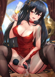 ahoge alcohol azur_lane bangs bare_shoulders beluga_dolphin black_hair black_panties blush breasts censored choker cleavage cocktail_dress collarbone cum cum_in_pussy cup dress drooling eyebrows_visible_through_hair female hair_between_eyes hair_ornament highres holding holding_cup large_breasts long_hair looking_at_viewer masturbation mosaic_censoring object_insertion open_mouth overflow panties panties_aside pussy red_choker red_dress red_eyes smile solo spread_legs sweat taihou_(azur_lane) taihou_(forbidden_feast)_(azur_lane) thighhighs underwear vaginal_object_insertion vaginal_penetration very_long_hair