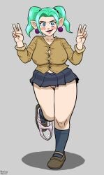 2025 5_fingers accessory alternate_costume alternate_hairstyle arms_bent artist_name bangs beads bent_leg big_breasts big_eyes biped black_bottomwear black_clothing black_eyebrows black_footwear black_knee_highs black_knee_socks black_microskirt black_miniskirt black_skirt black_socks blue_eyes blush blush_stickers blushing_profusely bottomwear breasts brown_clothing brown_footwear brown_shoes button_(fastener) button_down_shirt closed_smile clothed clothed_female clothed_humanoid clothing clothing_around_one_leg digital_drawing_(artwork) digital_media_(artwork) disney double_v_sign ear_piercing ear_ring eyebrows eyelashes female fingers footwear front_view full-length_portrait fully_clothed fully_clothed_female fully_clothed_humanoid genitals gesture glistening glistening_eyes glistening_hair glistening_lips green_hair grey_background hair hair_accessory hair_beads hand_gesture headless_jack hi_res humanoid humanoid_pointy_ears innie_vulva iris knee_highs knee_socks legs_together legwear light_body light_hair light_skin lips lipstick long_eyelashes looking_at_viewer makeup mature_female mature_humanoid microskirt miniskirt monotone_background mouth_closed no_underwear not_furry odalia_blight on_one_leg panties panties_around_ankle panties_around_one_leg panties_down partially_clothed piercing pink_blush pink_clothing pink_panties pink_underwear pleated_skirt pointy_ears portrait pose pupils purple_lips purple_lipstick ring_piercing shadow shoes short_hair simple_background skirt smile smiling_at_viewer socks solo standing straight_leg strained_buttons straining_buttons tan_clothing tan_shirt tan_topwear text the_owl_house thick_thighs tight_shirt topwear twintails underwear underwear_around_one_leg underwear_down upskirt v_sign vulva white_sclera witch_(the_owl_house)