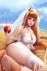 1girls animal_ears blush bra bride censored female garter_straps holo lingerie medium_breasts orange_hair panties prywinko red_eyes solo spice_and_wolf stockings tail wedding_dress wolf_girl
