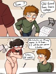 1boy 1girls blush breasts classic_enf_pose covering embarrassed embarrassed_nude_female embarrassing_outfit female male nude nylonics sam_(nylonics) tagme waitress