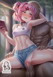 1boy 1girls 3d ai_generated ass big_ass big_breasts breasts cock_in_vagina dark-skinned_male doki_doki_literature_club erection female female_focus full_body interracial large_penis natsuki_(doki_doki_literature_club) penis penis_in_pussy penis_in_vagina qos qos_tattoo queen_of_spades sex smile spread_legs straight sweat tattoo thick thick_thighs uncensored vaginal_penetration vaginal_sex