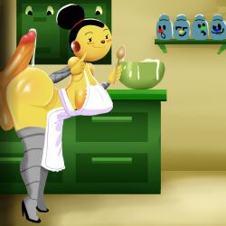 anal anal_sex animate_inanimate apron ass ass_focus big_ass big_breasts black_hair black_shoes blush bowl breasts cleavage clothed clothing cooking cum cum_drip cum_in_ass cum_inside disney erection eyebrows female food from_behind high_heels highres huge_ass huge_breasts humanoid insertion jars kitchen legwear looking_back melonmiloc milf mixing_bowl nipples nipples_visible_through_clothing penetration penis polina_polie robot rolie_polie_olie sex shiny shiny_skin simple_background solo_focus spoon standing stockings thigh_highs thumbs_up topwear white_apron yellow_skin