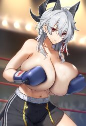 ai_generated boxing boxing_gloves boxing_ring breasts brutoaimage covering_breasts horns huge_breasts red_eyes streaked_hair tail topless white_hair wuthering_waves zani_(wuthering_waves)