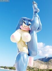 3_toes 3d_(artwork) absurd_res amphibian anthro ass beach big_breasts blue_body blush bodily_fluids breasts digital_media_(artwork) feet female fingers flexible frog generation_6_pokemon genitals greninja hi_res leg_grab long_tongue mizuki_(okamical) navel nintendo nipples okamical open_mouth outside pokemon pokemon_(species) raised_leg seaside solo sweat thick_thighs toes tongue tongue_out vulva water wet yoga