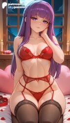 1girls 2026 ai_assisted ai_generated anime artist_name bangs bed bed_sheet blunt_bangs blush breasts bust condom curtains explicit fern_(sousou_no_frieren) frieren_beyond_journey's_end garter_belt hi_res high_quality high_resolution highres indoors light_particles long_hair looking_at_viewer night night_sky on_bed patreon patreon_username petals pillow purple_eyes purple_hair red_bra red_panties rose rose_petals sitting sky skypassion smile solo sousou_no_frieren stable_diffusion thighhighs underwear valentine's_day watermark window