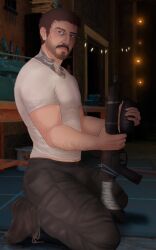 ammo background blue_eyes boots cargo_pants daddy dilf facial_scar far_cry far_cry_new_dawn game_background low_lighting male_only military_boots moustache on_knees questionable rifle serious serious_face thomas_rush white_shirt