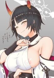 1girls areola_slip arm_under_breasts black_hair blue_archive blush breasts bridal_gauntlets broken_horn covered_nipples detached_sleeves earrings grey_background half-closed_eyes hoop_earrings horns japanese_clothes jewelry kimono kimono_pull large_breasts looking_at_viewer mole mole_under_eye nail_polish nipples niya_(blue_archive) no_bra off_shoulder oni_horns see-through_clothes short_hair sideboob sideless_kimono single_bridal_gauntlet sleeveless sleeveless_kimono smile solo unusually_open_eyes upper_body wide_sleeves yasojima_nejiro yellow_eyes