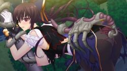 ass bent_over black_pantyhose blush bound breasts brown_hair empty_eyes female game_cg genseishinki_sacred_virth gloves hair_ribbon insect large_breasts large_variant_set long_hair magical_girl monster nipples non-web_source official_art open_mouth outdoors panties panties_under_pantyhose pantyhose ponytail rape red_eyes restrained ribbon sacred_noire solo tentacle torn_clothes torn_pantyhose underwear variant_set white_gloves white_panties yuugure_pairo yuuki_setsu zoophilia