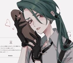 black_gloves blush bright_pupils collared_shirt commentary_request diglett dildo ear_piercing female gloves green_hair grey_shirt head_tilt heart long_hair looking_at_viewer low_ponytail mtkpasta multiple_piercings open_mouth piercing pokemon pokemon_sv ponytail red_eyes rika_(pokemon) sex_toy shirt simple_background solo tongue tongue_out tongue_piercing upper_body watermark white_background white_pupils