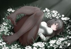 absurdres arknights arknights:_endfield ass ass_visible_through_thighs barefoot black_eyes black_hair black_pantyhose blush breasts closed_mouth commentary_request endministrator_(arknights) feet female female_endministrator_(arknights) field flower flower_field foot_focus full_body hair_ornament highres holding large_breasts legs long_sleeves looking_at_viewer lying mumi-daohu mumi_daohu no_shoes on_back pantyhose short_hair sitting smile soles solo spread_toes thick_thighs thighs toes underwear white_flower