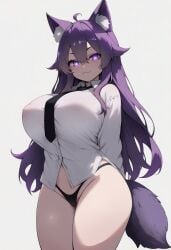 ai_generated big_breasts breasts curvy cute dog_ears dog_girl doggirl female female_focus highres hips huge_boobs huge_breasts kemonomimi light_skin light_skinned_female long_hair patreon_username petgirl petite purple_ears purple_eyes purple_hair purple_tail self_upload thick_thighs thighs thong tori toriwoofs watermark wavy_hair white_skin white_skinned_female wide_hips wolf_ears