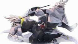 antal_(arknights) anthro_on_anthro arknights:_endfield clothed cum_in_slit cum_inside cumming furry furry_male male/male muscular muscular_male penis_in_slit pleasure_face pointing_weapon relax_lion rubbing_penis scalie_humanoid selfcest slit_penetration slit_play