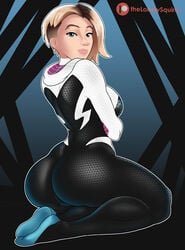 1girls ass big_breasts blonde_hair blue_eyes bodysuit eyebrow_piercing female female_only gwen_stacy gwen_stacy_(spider-verse) large_breasts marvel no_bra no_panties patreon piercing solo spider-gwen spider-man_(series) straight_hair superhero superhero_costume superheroine thelonelysquire tight_clothing