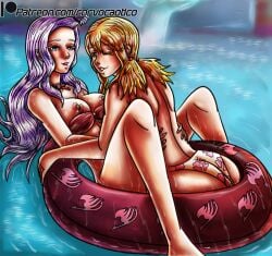 2girls blonde-haired_female blonde_female blonde_hair blue_eyes breasts corvo_caotico fairy_tail looking_at_viewer looking_back lucy_heartfilia mirajane_strauss water white-haired_female white_hair