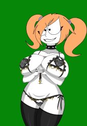 1girls belly belly_button big_breasts bite biting_lip black_choker black_eyes black_socks breasts chloe_smith_(oc) choker collar cross female female_focus female_only grey_background heart heart-shaped_pupils heart_symbol legs lips massive_breasts oc orange_hair original_character panties pussy smile smiling socks tusks vagina
