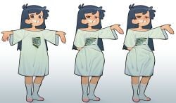 black_hair blush brown_eyes bulge ear_piercing femboy gap_teeth long_hair male narrowed_eyes original_character penis pulling_own_clothes shirt smile socks wide_hips zamoshvik