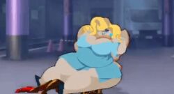 animated bbw big_ass big_belly big_breasts big_lips blue_lipstick facesitting fart fart_cloud fart_fetish farting fat kazecat kill_la_kill m.u.g.e.n matoi_ryuuko milf montana_(squiddy62) moth moth_humanoid moth_wings obese sitting_on_person size_difference yuri